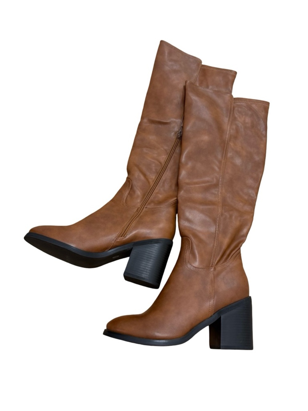 Women’s Tan Knee High Boots Size 9 Block Heel Faux Leather